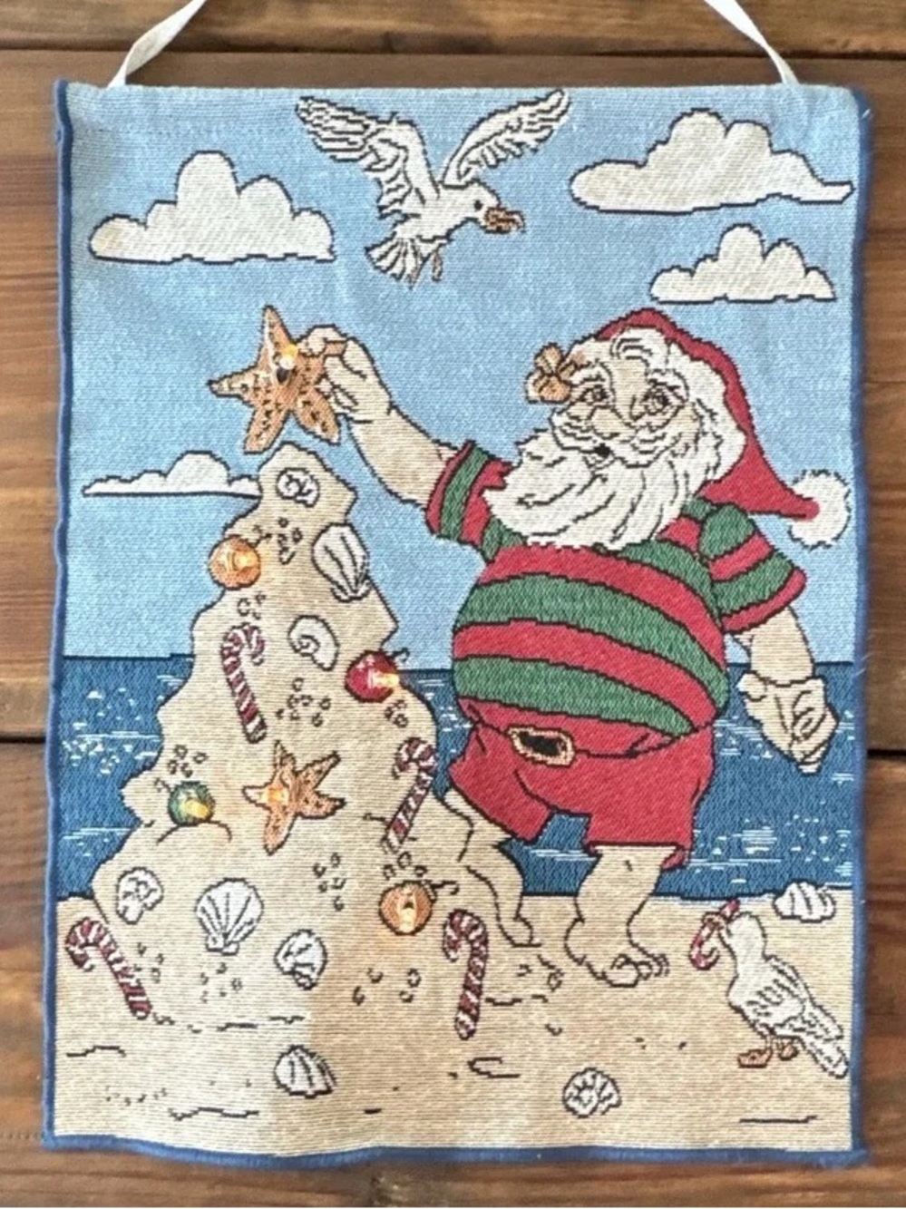 Festive Santa Beach Wall Hanging - Red & Green Holiday Tapestry